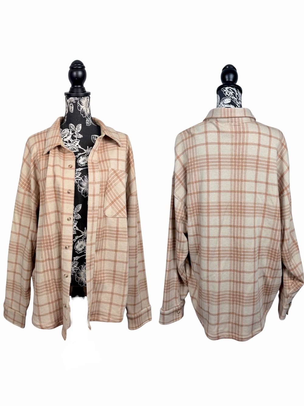 VS Pink beige plaid oversize soft button down shacket size large - Picture 1 of 12